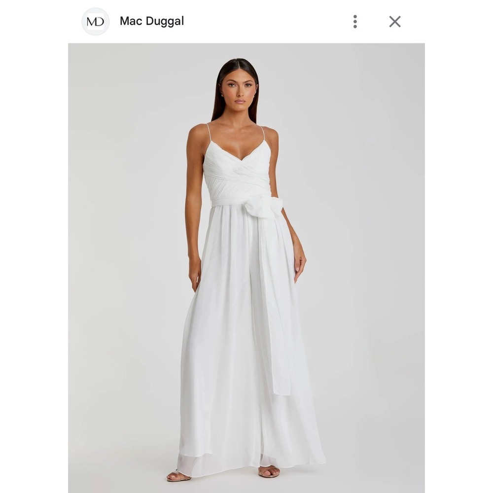 Mac Duggal Leena White Chiffon Gown Jumpsuit Elegant Ruched Bodice Belt Bridal L - Picture 9 of 15